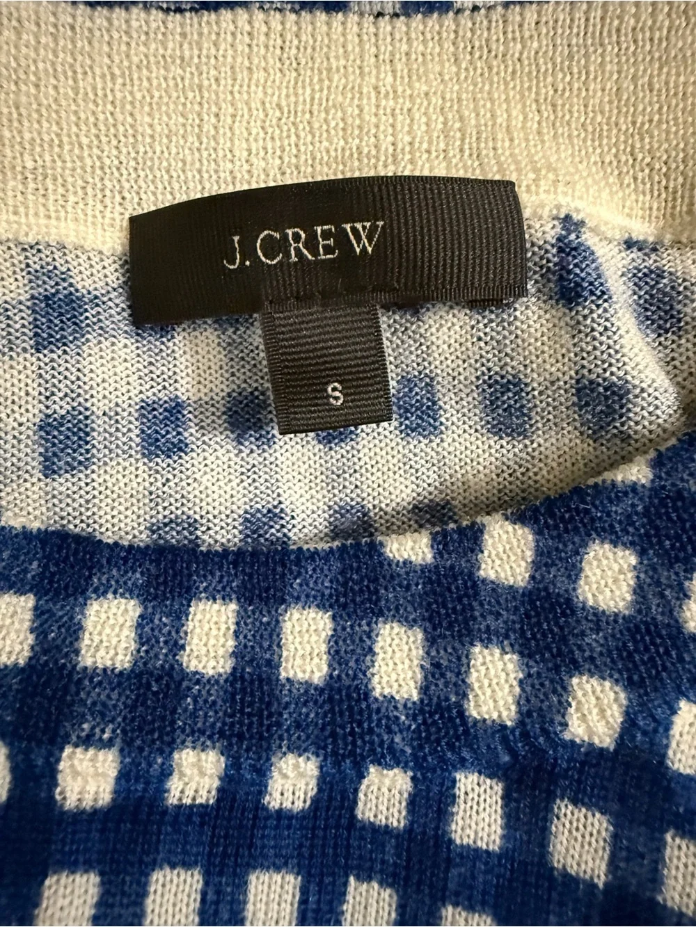 J. Crew Blue and White Gingham Crewneck Sweater